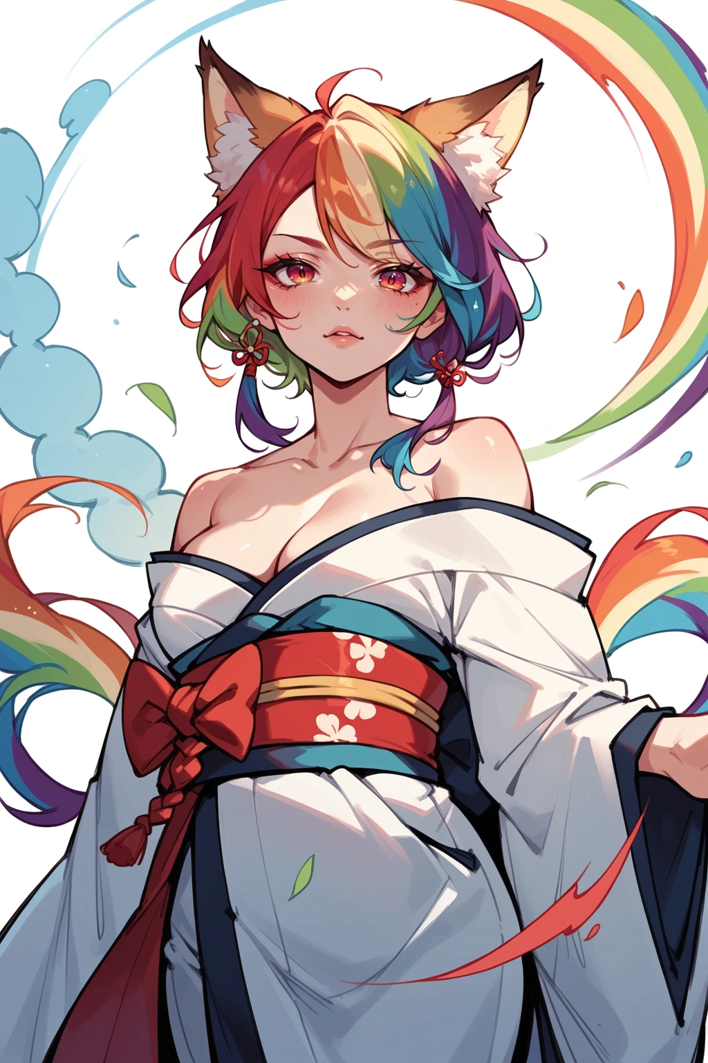 PonyXLV6_Scores , fox girl, kimono, rainbow hair, sexy, kawaii, source_anime