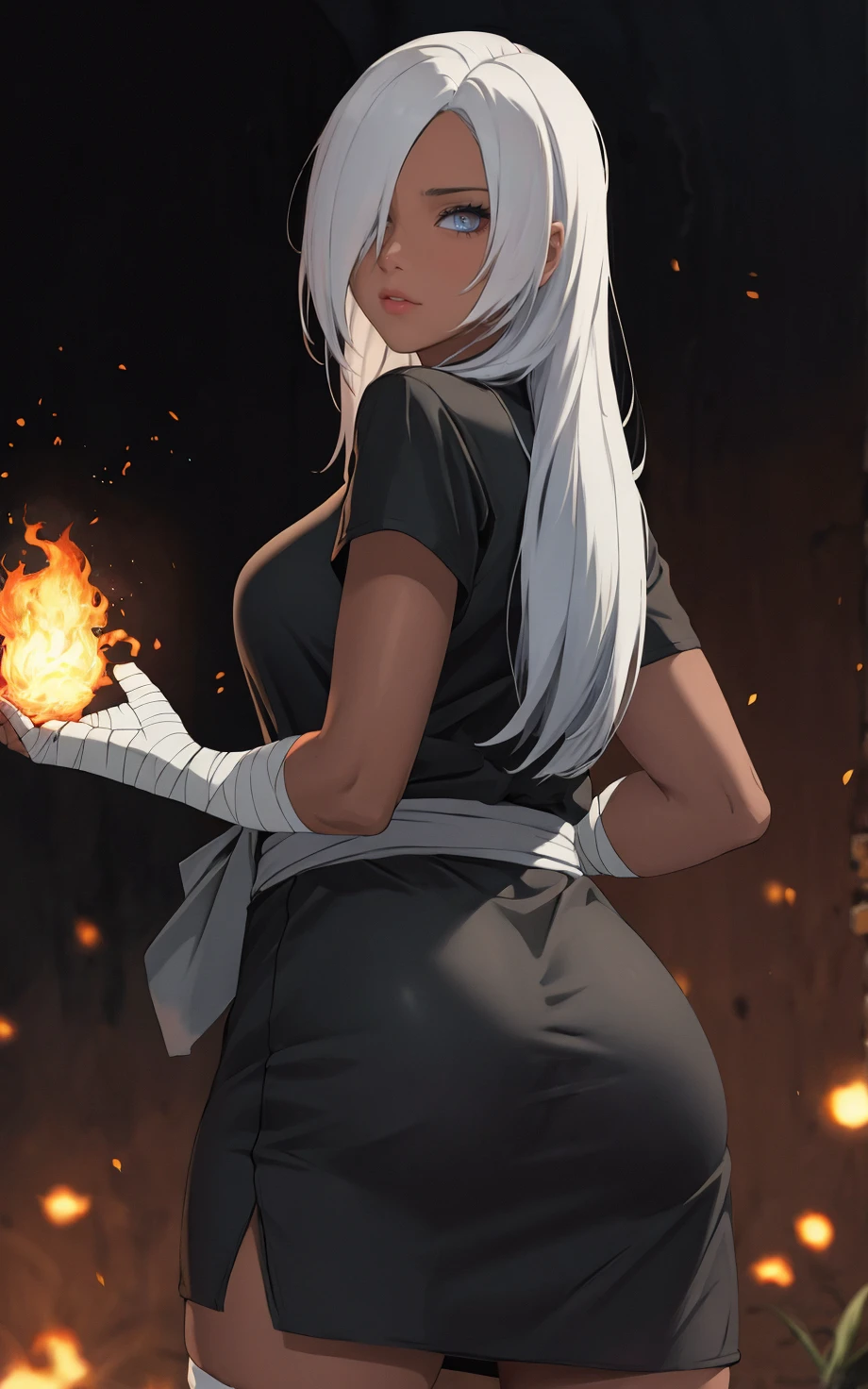 ((masterpiece, best quality)), insaneres, absurdres, solo,  vanishing point, 
HairDown_Ryuzetsu_ownwaifu, 
1girl, grey eyes, hair down, ringed eyes, white hair, long hair, hair over one eye, dark skin, dark-skinned female, breasts, 
bandages, bandaged arm, vest, bandaged hand, black shirt, ninja, shirt,
(contrapposto, looking back)<lora:NARUTO_Movie_Ryuzetsu_ownwaifu:0.75>,
outdoors, lens flare, depth of field, bokeh, embers, looking at viewer,