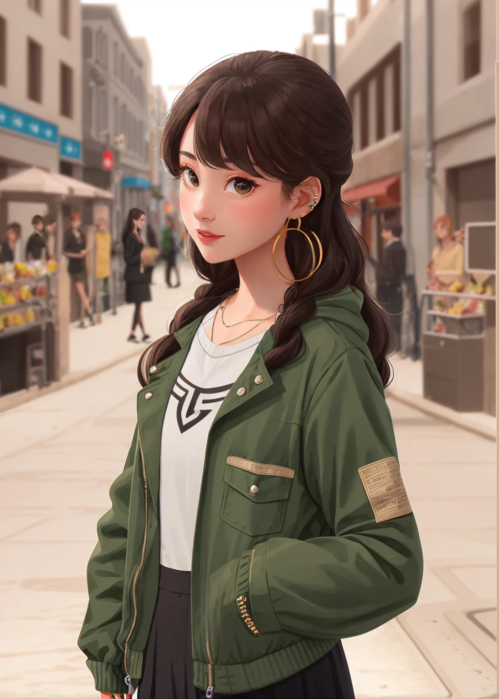 1 girl, solo, outdoors, brown eyes, black hair, jacket, jewelry,, construction, earrings, power cord, long sleeves, green jacket,, <lora:Euro American animationa:0.73>