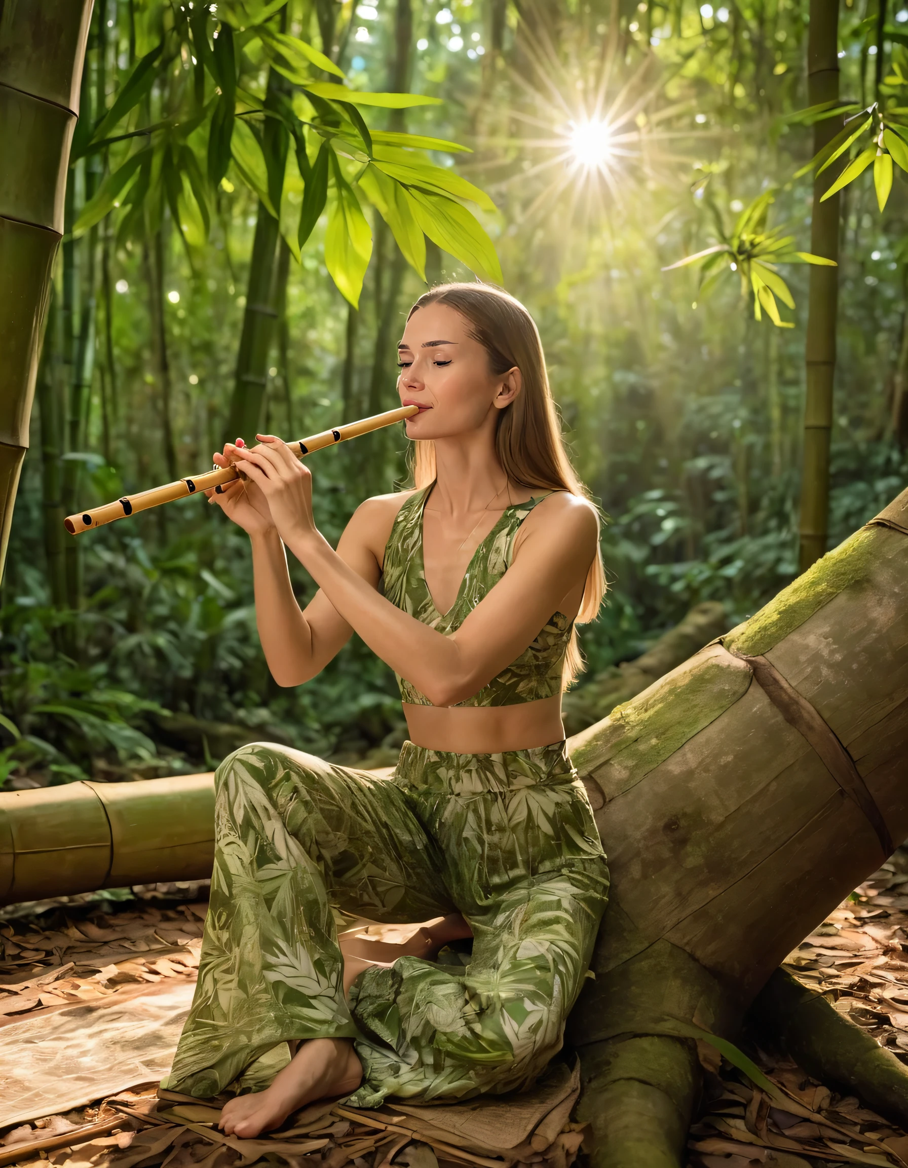 In the heart of a lush Amazon rainforest canopy, Sofia, clad in her eco-friendly attire featuring a bamboo fiber blouse and recycled cotton trousers adorned with subtle flora prints, stands captivatingly beneath the sun-dappled light that filters through the mesmerizing tapestry of leaves, as she balances on one foot atop an ancient tree root, harmonizing with the symphony of forest sounds using her handcrafted bamboo flute. <lora:njywtl18f1c11aba7t7:1>