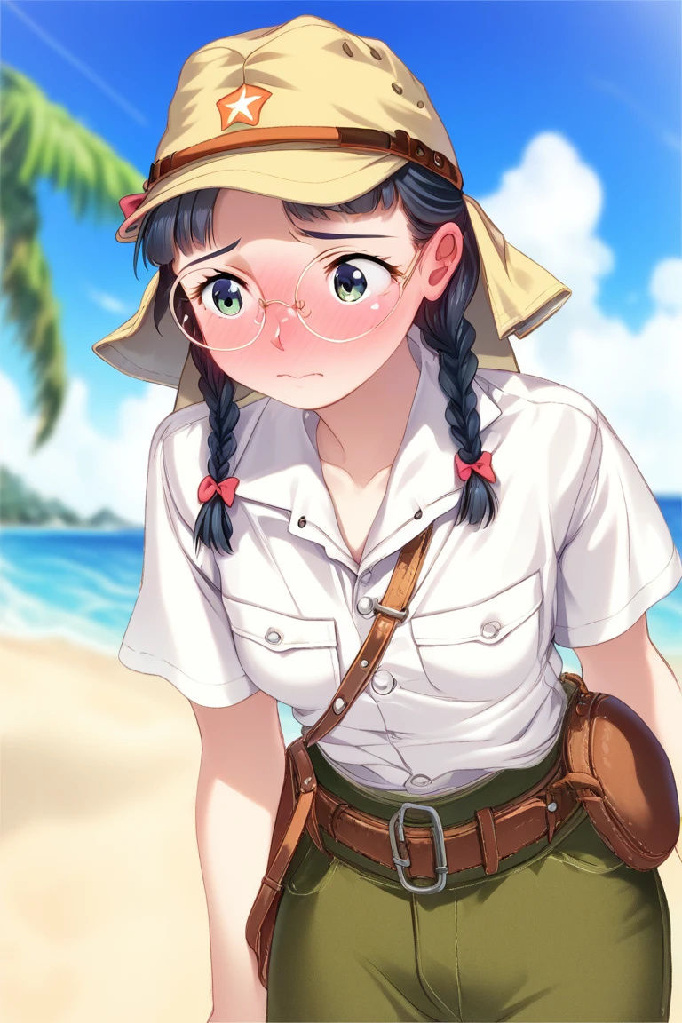 score_9,score_8_up,score_7_up,artbook,game cg,1girl,solo,((IJA Showa, field cap with neck flaps,field cap , open collar white shirt,oliver green pants, short sleeve,)),leather belt pouch,small breasts,black hair,twin braids,glasses,round eyewear,worried,full-face blush,ocean,tropical landscape,beach,coconut tree,<lora:Koume_Keito_PonyXL_dim32:0.8:lbw=0.8,0,0,0,0,0,0.8,0.8,0.8,0.8,0.8,0.75>,<lora:IJAuniformXLv1:1>,