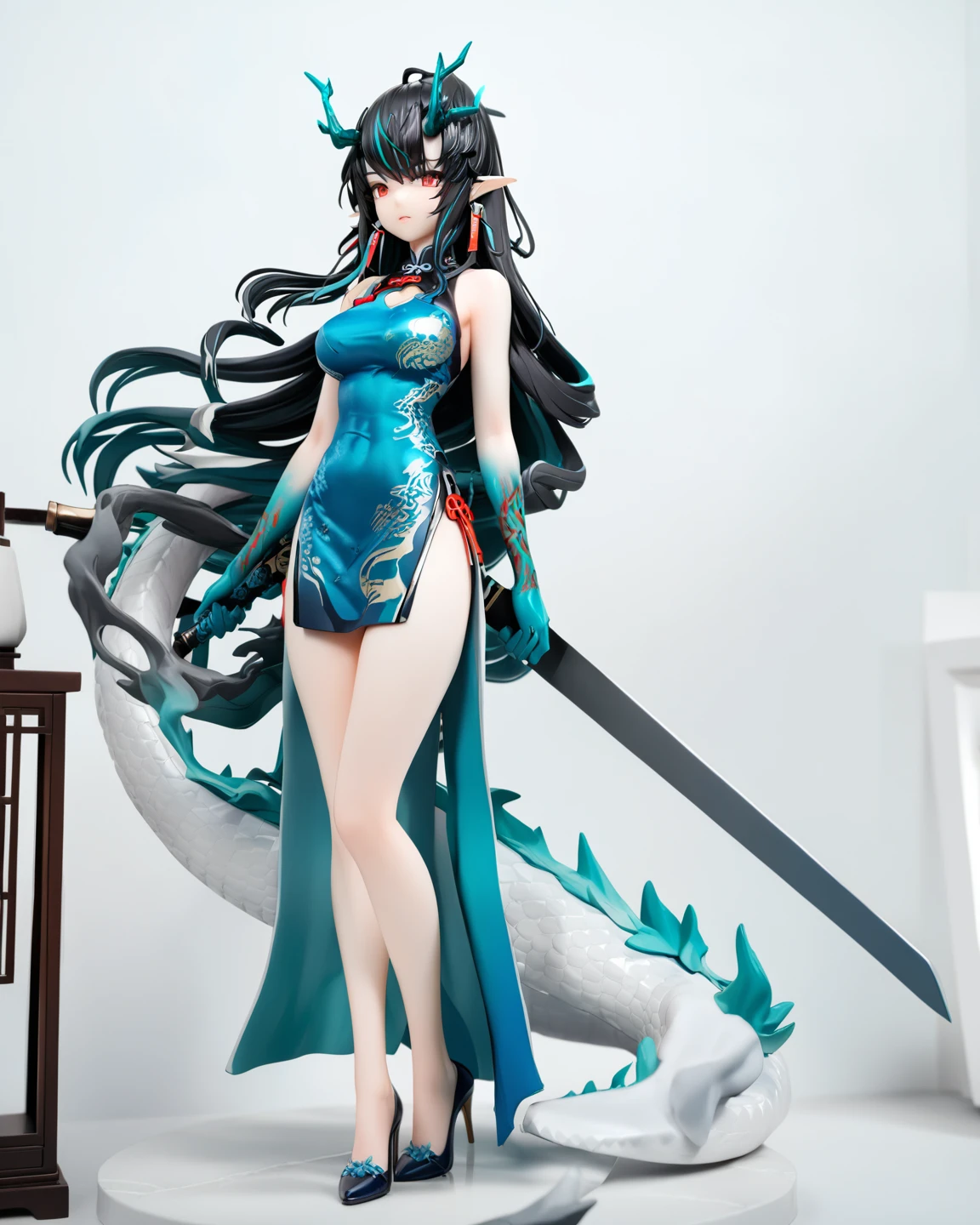 PVC,3D,1girl, dusk \(arknights\), sword, weapon, tail, black hair, horns, dragon, official alternate costume, dress, long hair, solo, pointy ears, china dress, holding, blue dress, holding sword, colored skin, multicolored hair, jewelry, chinese clothes, holding weapon, sleeveless, dragon tail, very long hair, earrings, full body, dragon horns, breasts, red eyes, sleeveless dress, standing, looking at viewer, bare shoulders, streaked hair, high heels, blue skin, medium breasts, dragon girl, masterpiece, best quality