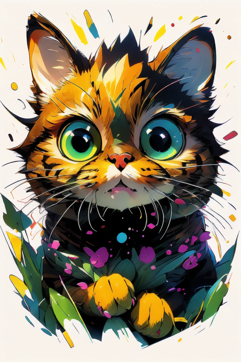 ,(Masterpiece:1.2, high quality,ultra-fine painting,Vivid Colors),(white background:1.2),TshirtDesignAF, T shirt design,
cat, solo,green eyes,yellow animal hair(Brown stripes),vibrant,cure lovely,
<lora:Chinese Li Hua:0.8> ,  <lora:cat_20230627113759:0.5>,  <lora:TShirtDesignRedmond1-5V-LiberteRedmond-TShirtDesignAF:1>