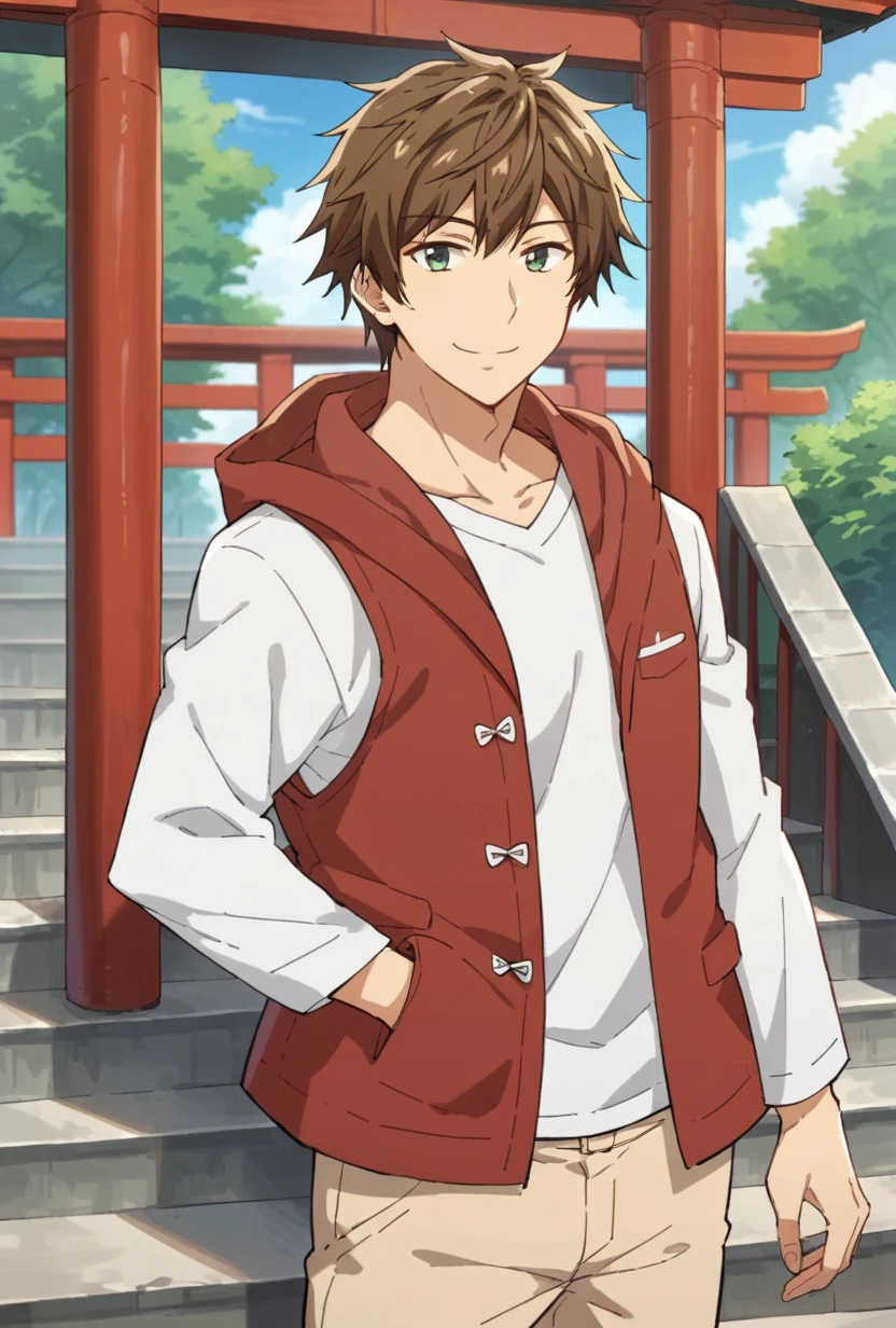 score_9, score_8_up, kajiwara akihito, 1boy, solo, brown hair, green eyes, red vest, hood, white shirt, beige pants, smile, happy, looking at viewer, stairs, shrine, outdoors, daylight