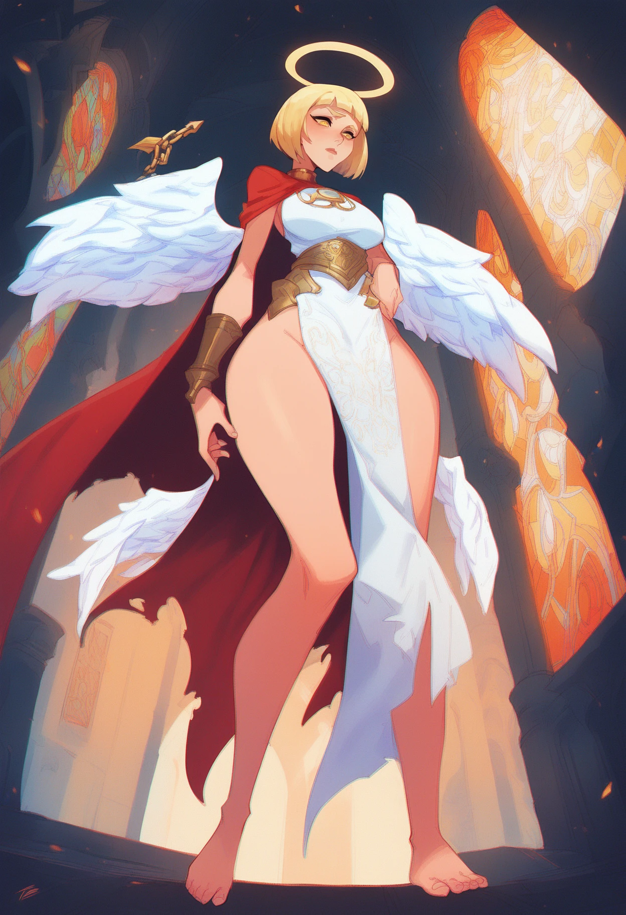 score_8_up, score_7_up, from below, paladin templar lady in white tabard, legwear, glowing yellow eyes, collar, golden chainmail, wide hips, barefoot, angel wings, pauldrons, halo, bob cut, blonde, eye focus, red cape, temple indoors, decorations, stained glass windows, night, particles, dark scene, fantasy, <lora:sxz-dreelrayk-smol-pdxl:0.8> dreelrayk style, halftone, no lineart, chromatic aberration
