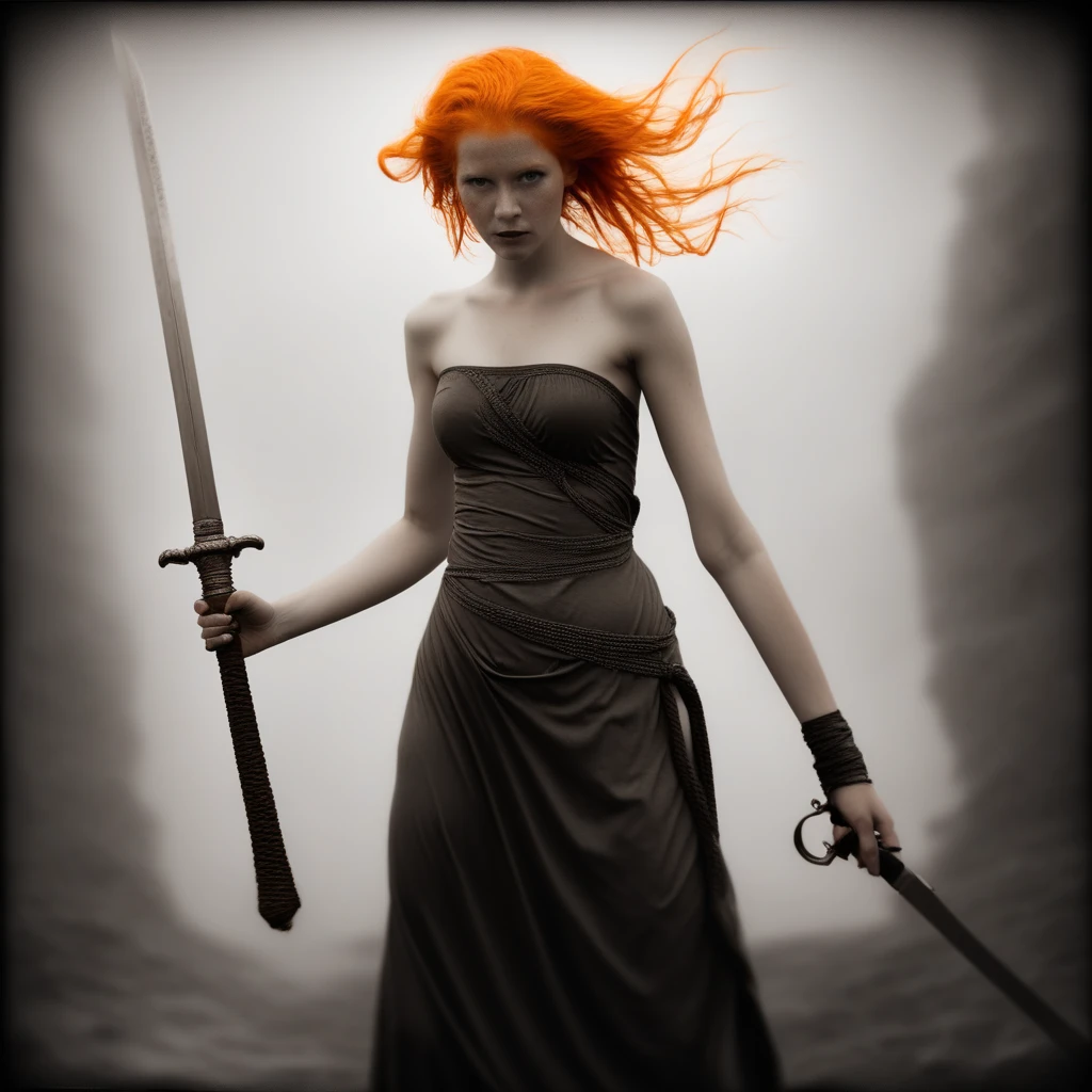 staff, braid, wet, looking at viewer, manly, strapless dress, holding sword, orange hair, spot color