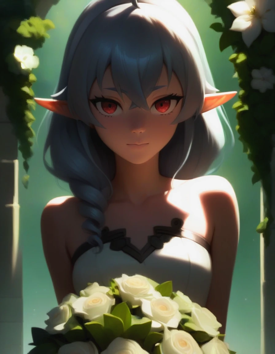 (score_8_up,score_7_up,score_6_up,score_5_up,perfect eyes),1girl,ahoge,sylphiette_(mushoku_tensei),bare_shoulders,bouquet,closed_mouth,collarbone,dated,dress,elf,flower,looking_at_viewer,medium_hair,pointy_ears,red_eyes,sleeveless,sleeveless_dress,solo,white_dress,white_hair,<lora:sylphiette-mushoku-tensei-pony:0.7>,