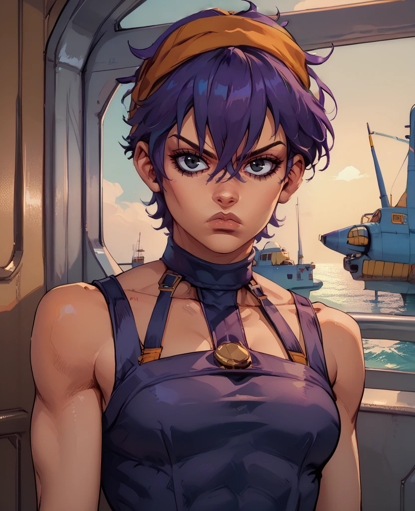score_9,score_8_up,score_7_up,score_6_up,
Naranciaxl,short hair,black eyes,purple hair,serious,
choker,orange headband,dark slim tank top,
standing,looking at viewer,
small blue airplane,
cruise ship,morning,
<lora:NaranciaJJEoH:0.9>,