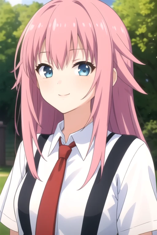 ((masterpiece)),(best quality),official art,extremely delicate and beautiful,extremely detailed CG,unity 8k wallpaper,ultra detailed,beautiful detailed eyes,extremely detailed face,outdoors,1girl,solo,upper body,(portrait:1.5),looking at viewer,facing viewer,smile,(petite:1.3),very long hair,pink hair,sidelocks,bangs,blue eyes,suspenders,collared shirt,white shirt,red necktie,huge breasts,short sleeves,suit pants,grey pants,brown footwear,<lora:Aizawa Suzuka(remake):0.8>,