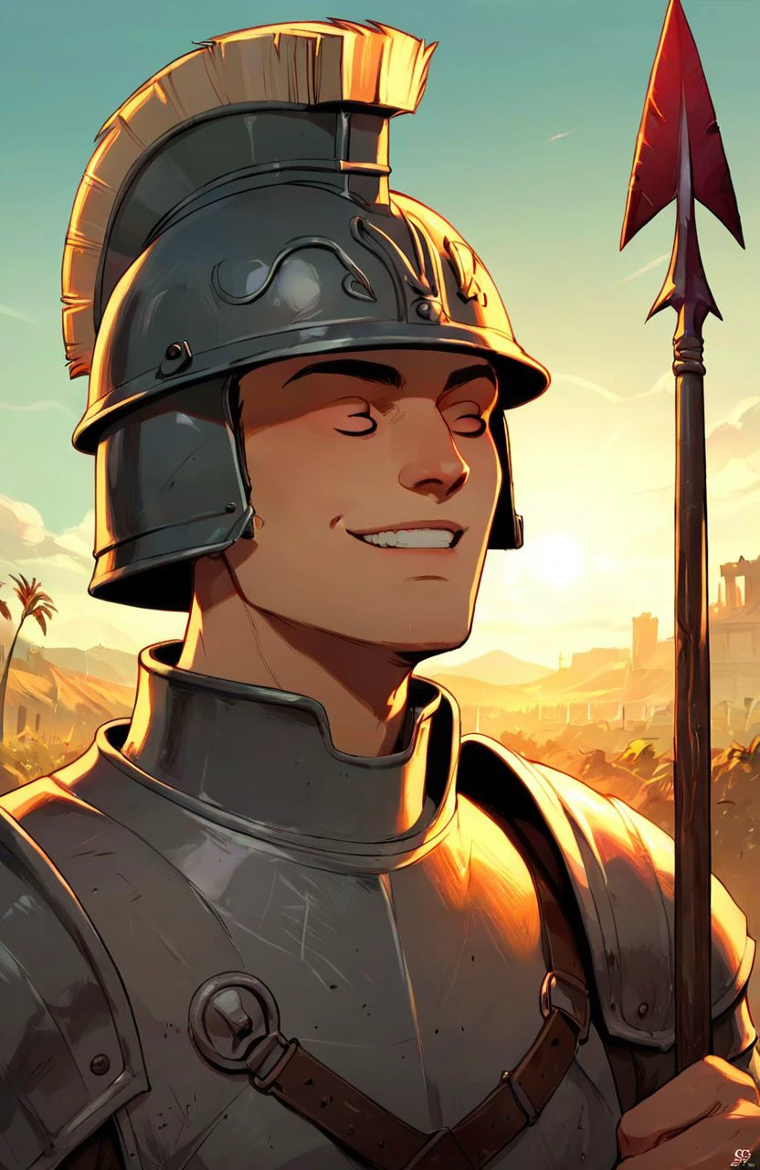 <lora:33:0.8> 3_3, closed eyes, a roman soldier, helmet, outdoors, smile, 1boy, sunlight, teeth, armor, spear,, score_9, score_8_up, score_7_up, score_6_up, score_5_up, score_4_up, ponypositive,