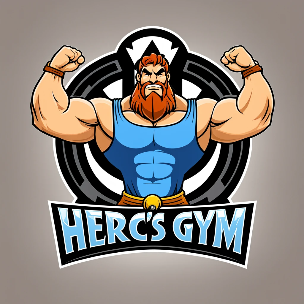 logomkrdsxl, logo for a gym featuring Hercules, vector, text "Herc's Gym", <lora:logomkrdsxl:1>, best quality, masterpiece, muscles, cartoon