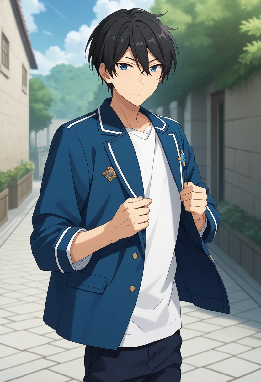 score_9, score_8_up, score_7_up, masterpiece, best quality, cute,Hokuto Hidaka, black hair, blue eyes, solo, male focus<lora:EMS-364669-EMS:1.000000>