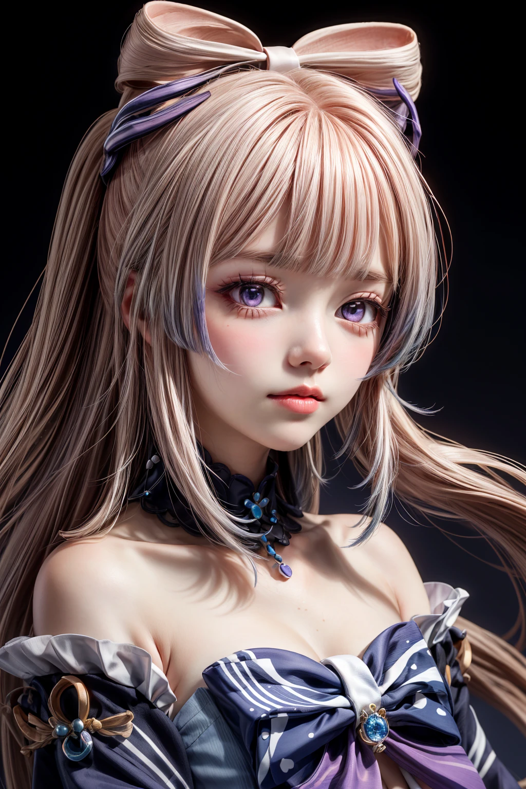 <lora:more_details:1>,<lora:sangonomiyakokomi1-000008>,kokomidef,long hair,blunt bangs,bow-shaped hair,hair ornament,(purple eyes:1.1),pink hair,sidelocks,gradient hair,long sleeves,detached sleeves,bowtie,
kawaii,(blush),portrait,simple background,black background,