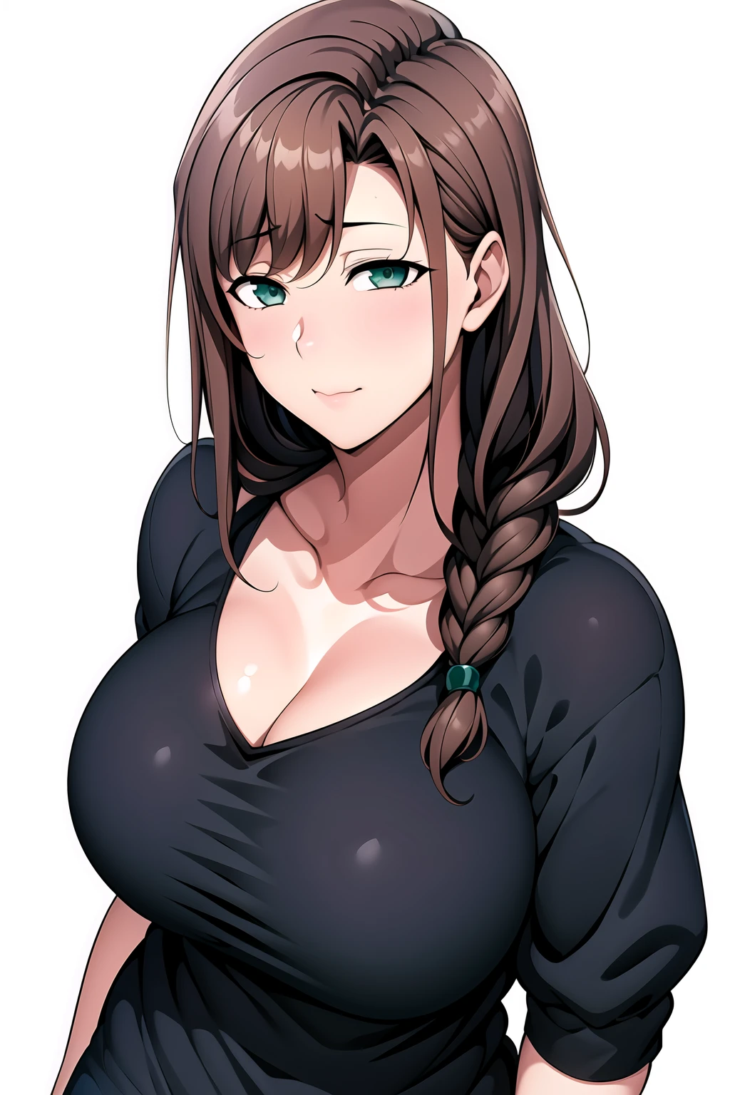 Simple White Background,
Blue Jacket, Grey Shirt, collarbone, cleavage,
<lora:Kasumi_NTR_Milf-KK77-V2:0.7>,jewelry,gem,hair ornament, hairclip,Black choker,
bangs, Brown Hair, Green Eyes, Braid,long hair,
<lora:Oda_Non_Style-KK77-V2:0.3>,<lora:more_details:0.1>,
1 girl, 20yo,Young female,Beautiful long legs,Beautiful body,
Beautiful Nose,Beautiful character design, perfect eyes, perfect face,expressive eyes,perfect balance,
looking at viewer,(Focus on her face),closed mouth, (innocent_big_eyes:1.0),(Light_Smile:0.3),
official art,extremely detailed CG unity 8k wallpaper, perfect lighting,Colorful, Bright_Front_face_Lighting,White skin,
(masterpiece:1.0),(best_quality:1.0), ultra high res,4K,ultra-detailed,
photography, 8K, HDR, highres, absurdres:1.2, Kodak portra 400, film grain, blurry background, bokeh:1.2, lens flare, (vibrant_color:1.2),professional photograph,
(Beautiful,large_Breasts:1.4), (beautiful_face:1.5),(narrow_waist),