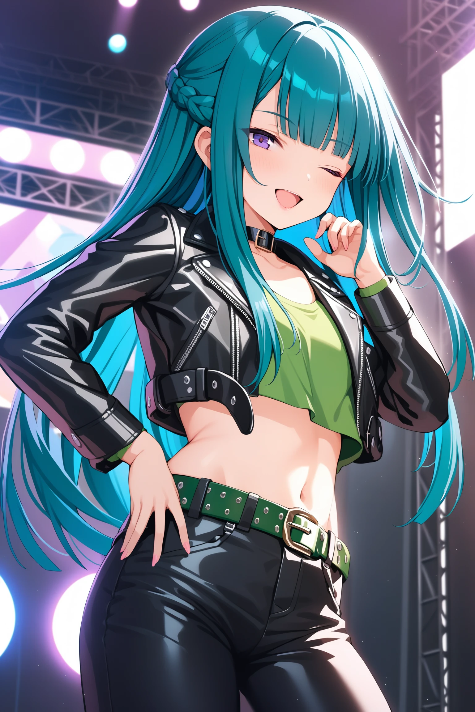 (masterpiece, best quality, very aesthetic, ultra detailed), intricate details, highly detailed background, perfect lightingbest quality, chiyouraayame, solo, indoors, stage, aqua hair, blunt bangs, french braid, very long hair, one eye closed, purple eyes, black choker, small breasts, black jacket, cropped jacket, leather jacket, open jacket, green shirt, crop top, green belt, belt buckle, black pants, asymmetrical clothes, smile, open mouth, ;d, pink lips, <lora:Chiyoura-Ayame:0.7>