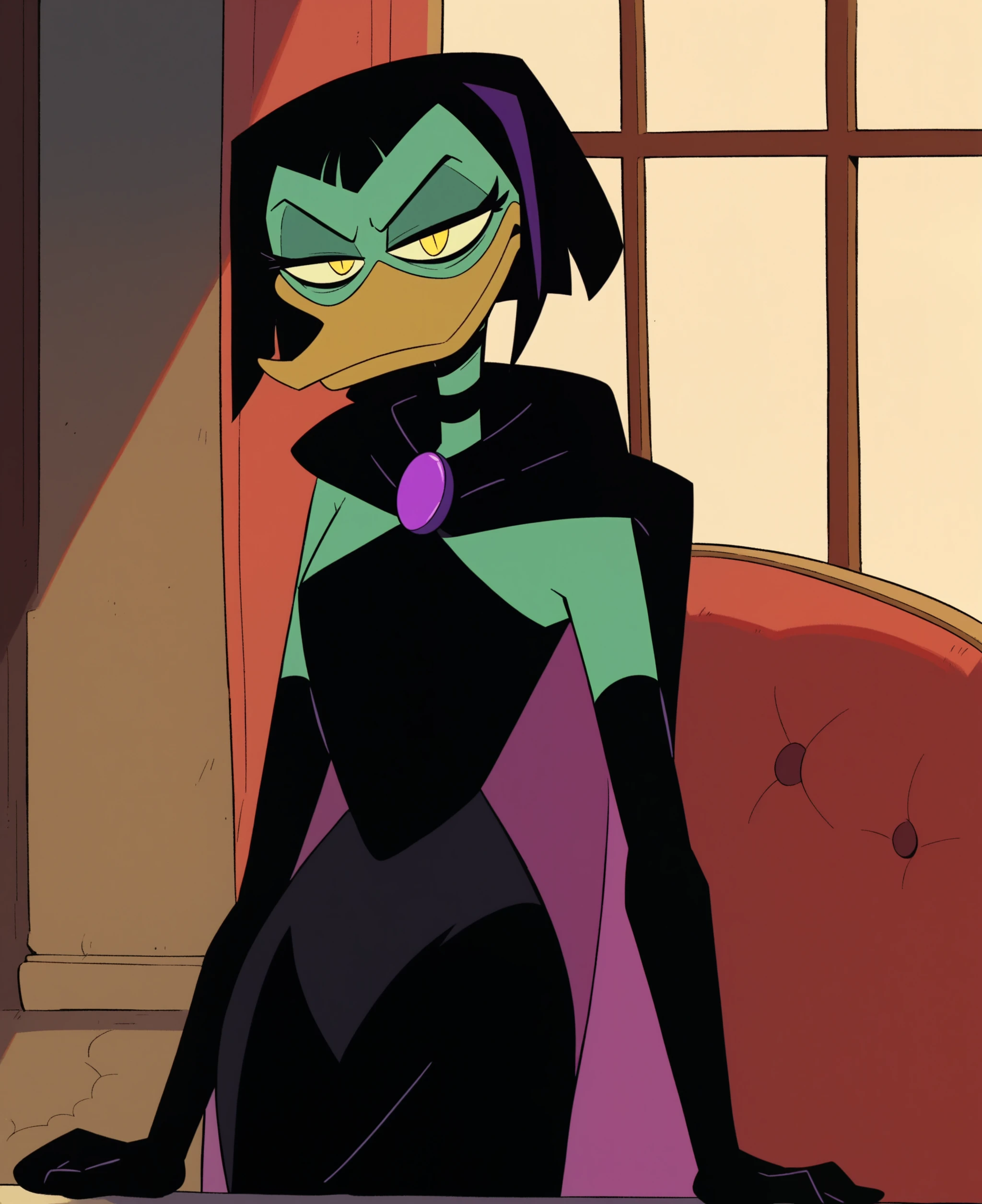 score_9, score_8_up, score_7_up, score_6_up, best quality, highres, source_furry, masterpiece, BREAK
1girl, mansion, indoors, female, solo, duck, green skin, mature female, cape, short hair, black hair, black dress, purple amulet, elbow gloves, choker, yellow eyes, narrowed eyes, bags under eyes, <lora:Magica_De_Spell_V3:0.8>