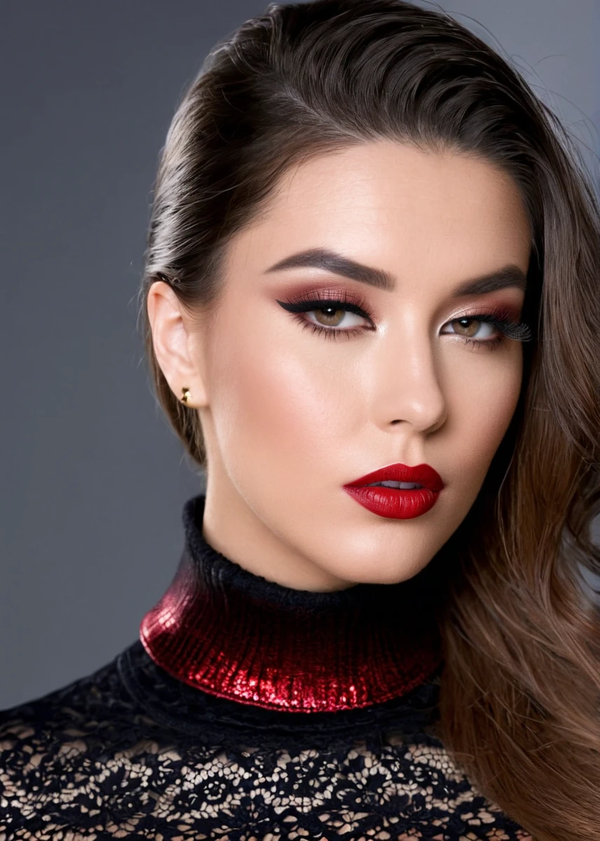 fashion editorial style, (((full body))) of A captivating masterpiece of an woman, (((dressed in a red turtleneck Blouse))), open hair, The intricate lace and gold details exude a very rebellious aura. ((A bold and daring makeup look featuring ombre lips that transition from a deep, dark red at the center to a glossy black at the outer edges. The lips are expertly lined and filled in with precision, creating a gradient effect that is both edgy and sophisticated)). ((The use of high-shine gloss adds a touch of glamour and dimension to the look)), ((while the deep red and black hues give it a dramatic, vampy vibe)), low-key photography:1.3, one rim side light, narrow lighting, only one light source, facing camera, shallow depth of field, high fashion, trendy, stylish, editorial, magazine style, professional, highly detailed, 8K, <lora:MS_SaraStone_V1_SDXL:0.8>