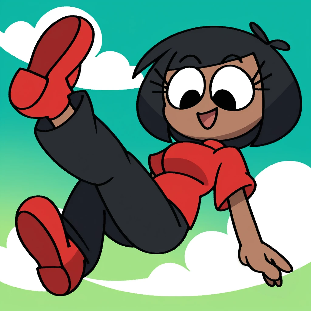 zPDXL, flat colors, cel shading, vector, shadows, source_cartoon, green background, clouds, 1girl, solo, rob_(\vilepluff\), dark skin, eyelashes, medium breasts, black hair, bob cut, red shirt, short sleeves, grey pants, red shoes, smile, \small head, open mouth, \jumping, \floating, \legs up, looking down, <lora:RobVile:0.9>
