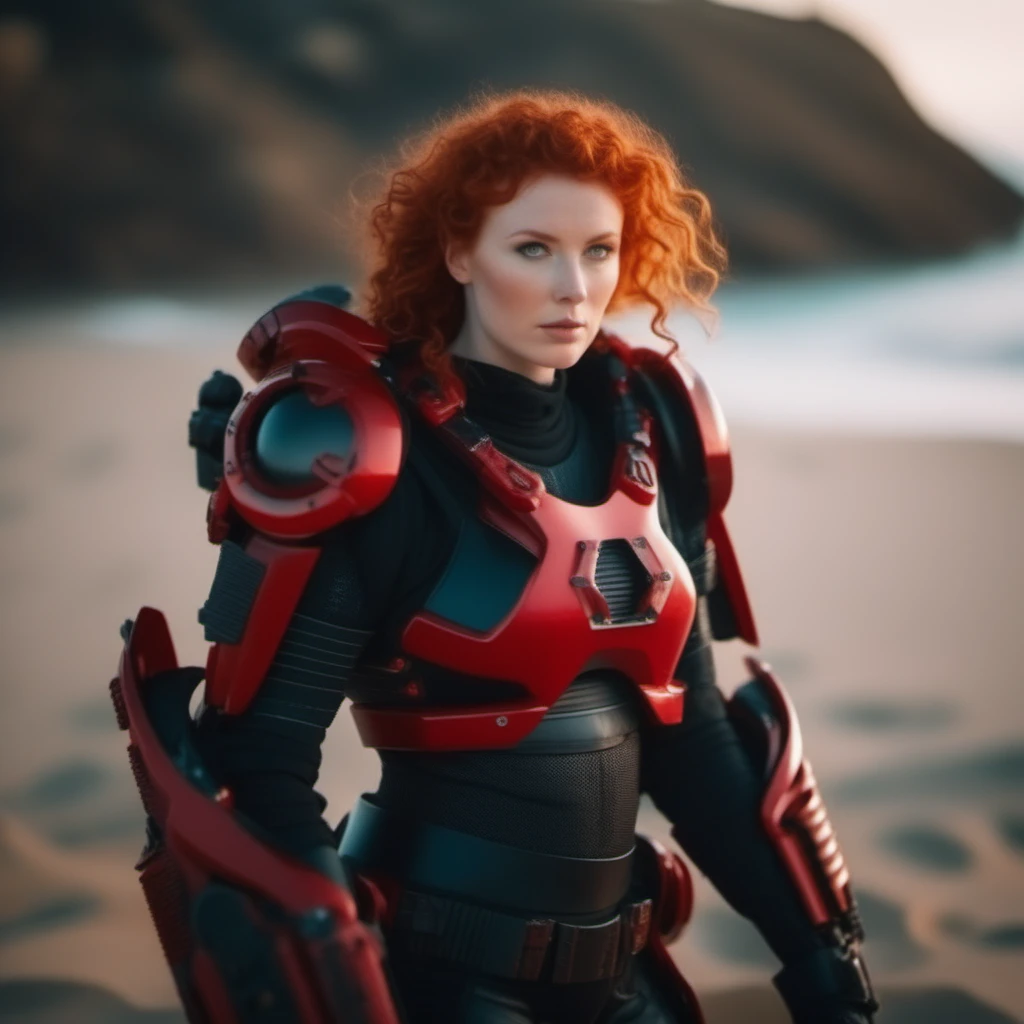 cinematic photo a full body curly redhead woman wears a red and black futuristic light armor, beach background <lora:Exosuit1024:0.9> . 35mm photograph, film, bokeh, professional, 4k, highly detailed