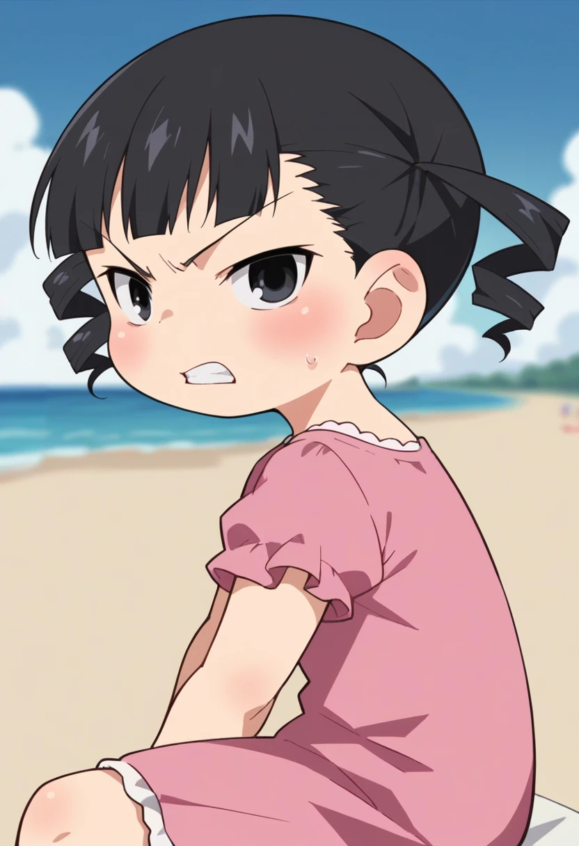 score_9, score_8_up, score_8, source_anime, 1girl, chibi, <lora:MikuSugisaki:0.8> solo, black hair, twintails, twin drills, short hair, black eyes, blush, pink dress, looking at viewer, sitting, view from side, angry, teeth,
beach background, blurry background,