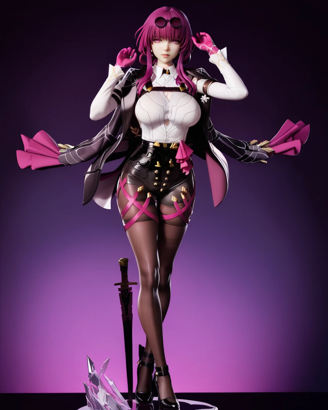 PVC,3D,1girl,kafka \(honkai: star rail\),gloves,purple hair,solo,pantyhose,shirt,eyewear on head,weapon,white shirt,breasts,shorts,jacket,sunglasses,purple gloves,sword,boots,long sleeves,high-waist shorts,black jacket,round eyewear,pantyhose under shorts,large breasts,long hair,black footwear,jewelry,collared shirt,purple eyes,high heels,black shorts,thread,full body,, masterpiece, best quality, masterpiece, best quality