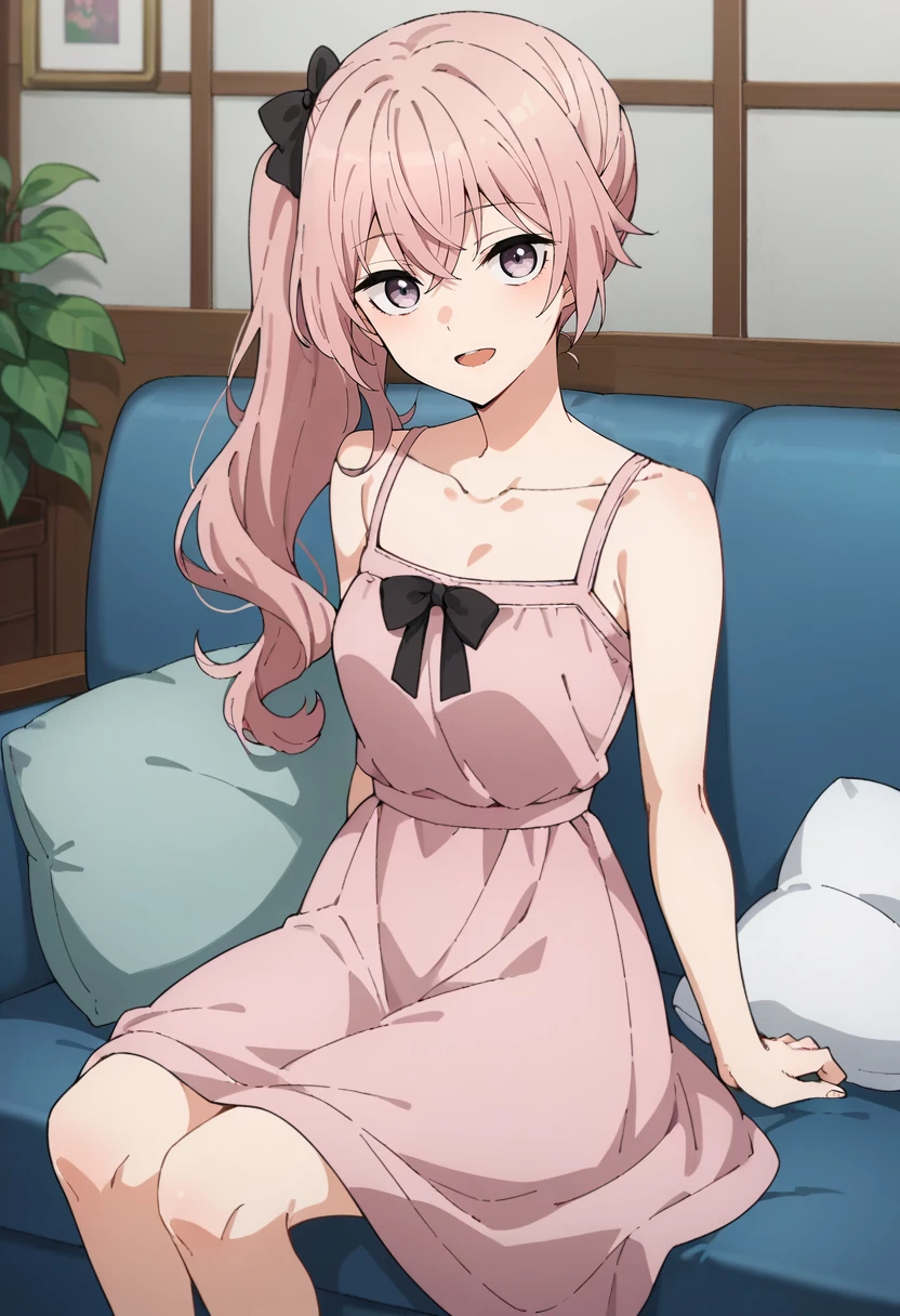 score_9, score_8_up, score_7_up, source_anime,
<lora:SonoBisqueDoll_InuiSajunaXL:0.8>, InuiSajuna,
1girl, open mouth, light smile,
pink hair, long hair, lavender eyes, side ponytail, hair over shoulder, hair bow,
pink dress, bare shoulders, collarbone,
sitting, looking at viewer,
indoors, on couch, pillow