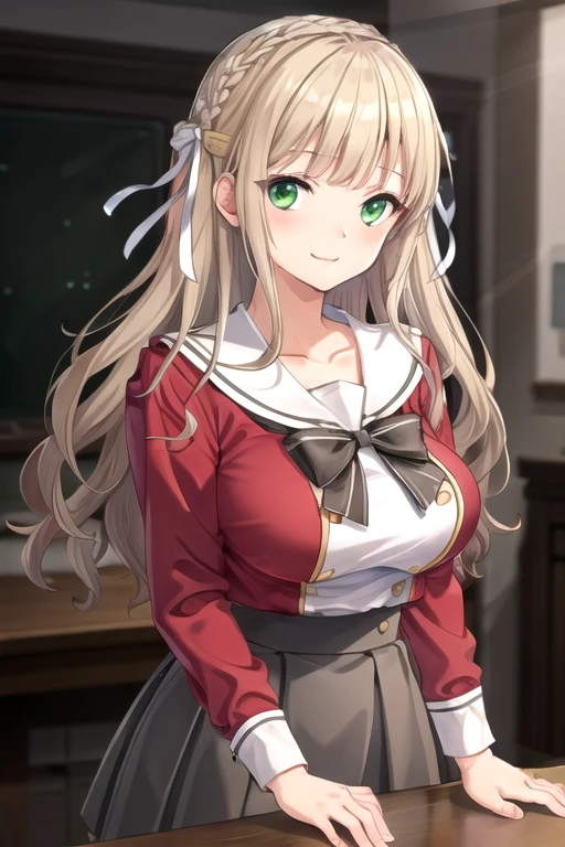 ((masterpiece)),(best quality),official art,extremely delicate and beautiful,extremely detailed CG,unity 8k wallpaper,ultra detailed,beautiful detailed eyes,extremely detailed face,outdoors,1girl,solo,cowboy shot,,looking at viewer,facing viewer,smile,Azuma Suzuna,long hair,brown hair,wavy hair,crown braid,hair ribbon,white ribbon,hair bow,white bow,sidelocks,blunt bangs,green eyes,,collarbone,white sailor collar,black bowtie,red shirt,large breasts,long sleeves,double-breasted,high-waist skirt,grey skirt,pleated skirt,zettai ryouiki,white thighhighs,loafers,
