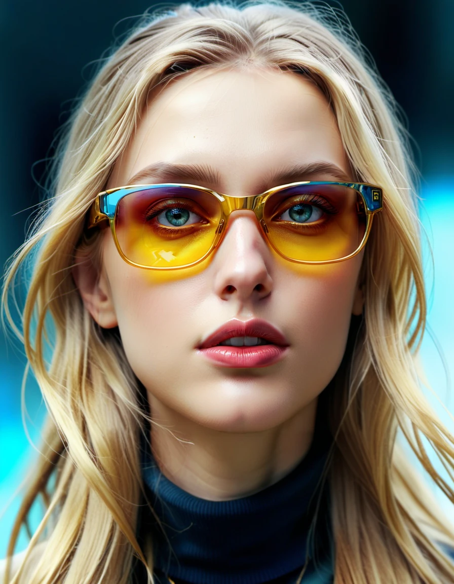 designed by greg manchess, close Portrait of a german woman with long blonde hair, bright eyes, matte lips, futuristic, gold glasses, trending on art station, photoreal, 8 k, octane render by greg rutkowski, art by Carne Griffiths and Wadim Kashin ,in the style of Dau-al-Set, Pollock, and inspired by MAPPA and Zdzislaw Beksinski <lora:ral-vbrntacyl-sdxl:0.65> made of ral-vbrntacyl