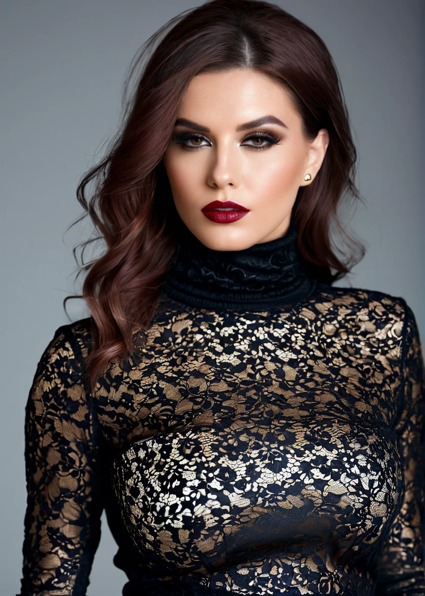 fashion editorial style, (((full body))) of A captivating masterpiece of an woman, (((dressed in a turtleneck Blouse))), The intricate lace and gold details exude a very rebellious aura. ((A bold and daring makeup look featuring ombre lips that transition from a deep, dark red at the center to a glossy black at the outer edges. The lips are expertly lined and filled in with precision, creating a gradient effect that is both edgy and sophisticated)). ((The use of high-shine gloss adds a touch of glamour and dimension to the look)), ((while the deep red and black hues give it a dramatic, vampy vibe)), low-key photography:1.3, one rim side light, narrow lighting, only one light source, facing camera, shallow depth of field, high fashion, trendy, stylish, editorial, magazine style, professional, highly detailed, 8K, <lora:MS_SaraStone_V1_SDXL:0.8>