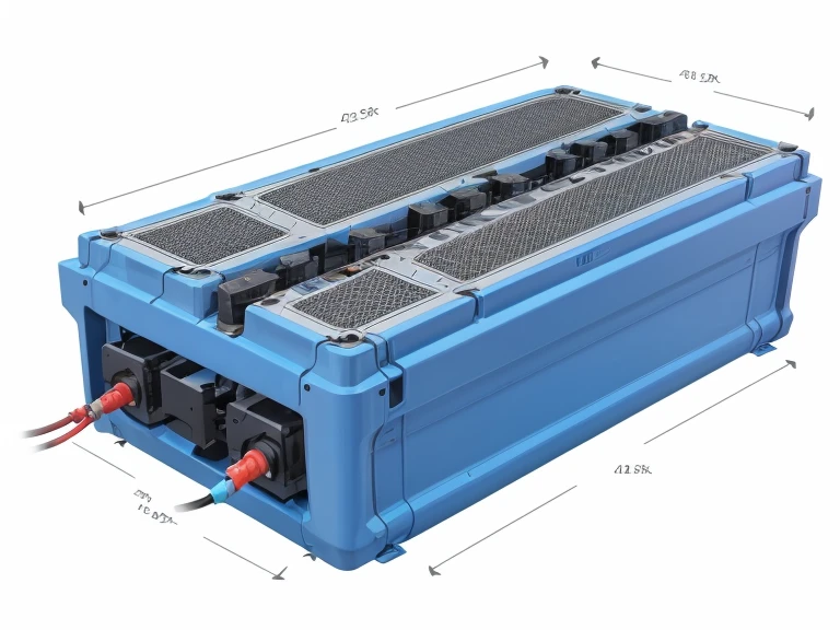 Technical diagram of an electric vehicle battery pack,flat and wide,metal structure,metal luster,A very thin rectangular shape metal battery structure,battery pack full of cubic energy unit between grids,thin upper housing above the pack,white background,harness connects each module,harness in orange color,metal structure,aluminum luster. Each component is meticulously designed for functionality and strength,<lora:Mechanical_design_for_battery:0.6>,cell grid,clean picture,