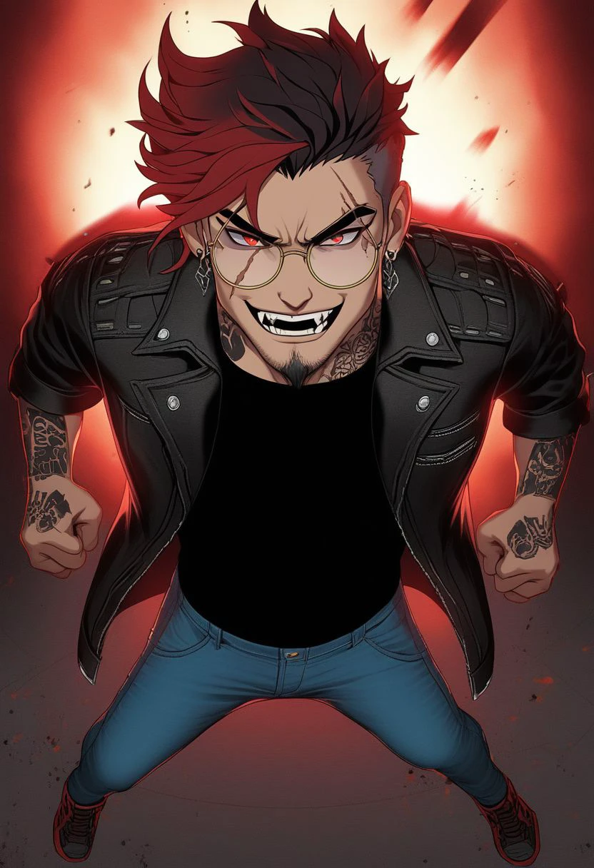 cbxzz, 1boy, male focus, solo, red eyes, glasses, jewelry, tattoo, jacket, facial hair, earrings, stubble, red hair, dyed bangs, two tone hair, black hair, gradient hair, thick eyebrows, scar, round eyewear, leather jacket, denim pants, black shirt, action pose, full body, smirk, upper teeth only, fangs, detailed eyes, goatee, textured skin, subtle highlights, natural lighting, looking at viewer, vibrant, vivid colors, enigmatic PonyXLV6_Scores