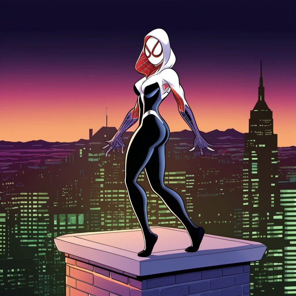 comic a full body woman, wears a bodysuit, a spiderman mask lookalike, on top of a building, night, city lights background <lora:SpiderGwen1024:0.9> . graphic illustration, comic art, graphic novel art, vibrant, highly detailed
