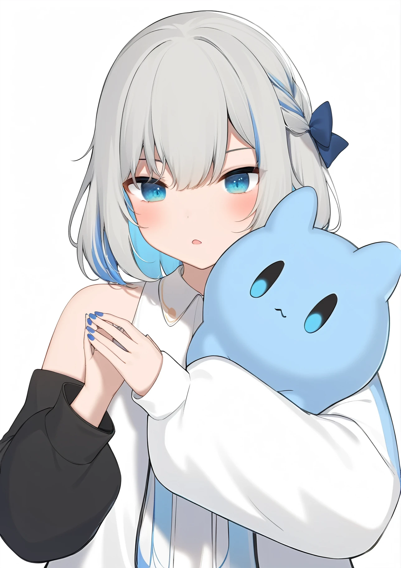 1girl,
amashiro natsuki,
blue nails, blue eyes, simple background, hood, hair between eyes, hair bow, two-tone hair, creature, crossover, black sleeves, bow, blue hair, white jacket, white background, blue bow, multicolored hair, sleeveless, shirt, virtual youtuber, puffy sleeves, nail polish, hood down, detached sleeves, long sleeves, upper body, braid, white shirt, jacket, bare shoulders, sleeveless shirt, character name, parted lips, puffy long sleeves, hooded jacket, grey hair,
masterpiece, best quality, absurdres, highres, safe
<lora:amashiro_natsuki_image341_2024-03-28_a31-000030:1>