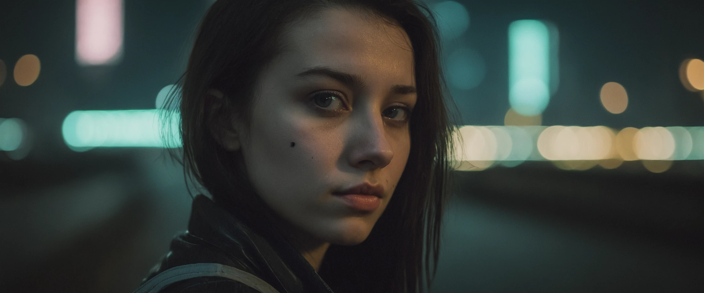 amateur photo close-up of a 25 year old woman in a cyberpunk city at night, loneliness and sadness