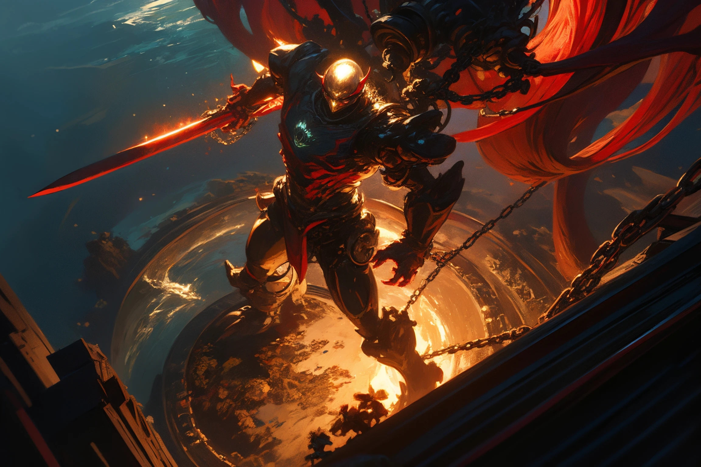 (night:1.6),city lights,reflection,(light stream:1.6),starry sky,motion blur,(lowing_super_big_ghalo:1.4),
1girl,solo,(full body:1.3),extremely detailed eyes and face,white hair,long hair,(Mecha:1.2),dynamic posture,Tall and elegant,(red | black theme:1.5),(Mechanical:1.2),cyberpunk scenery background:1.3,Gorgeous,
<lora:zhongfenghuaxiyou:0.5>,fuyao,(from above:1.2),(chains:1.2),(monster:1.2),(sword:1.2),