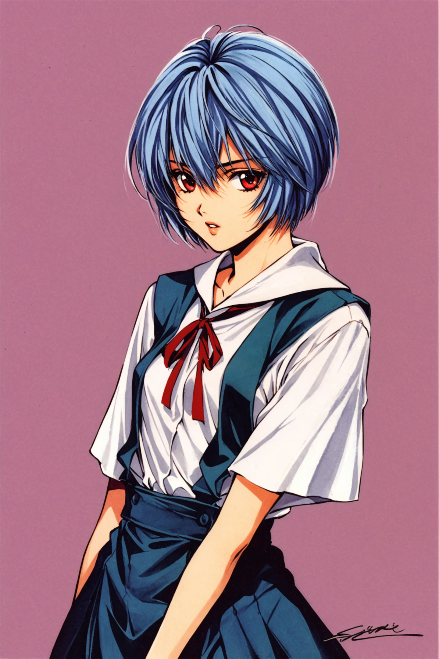 1girl,ayanami rei,solo,red eyes,short hair,school uniform,blue hair,tokyo-3 middle school uniform,signature,short sleeves,hair between eyes,suspender skirt,purple background,bangs,purple theme,shirt,cowboy shot,looking to the side,skirt,white shirt,looking at viewer,parted lips,suspenders,traditional media,,<lora:Yuki Kaori_XL:0.8>,