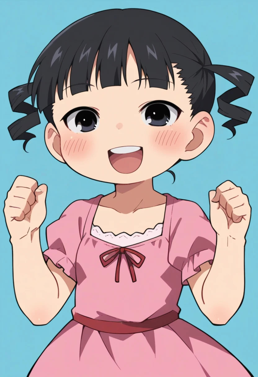 score_9, score_8_up, score_8, source_anime, 1girl, chibi, <lora:MikuSugisaki:0.8> solo, black hair, twintails, twin drills, short hair, black eyes, blush, pink dress, happy, laugh, upper body, hands up,
blue background, simple background,