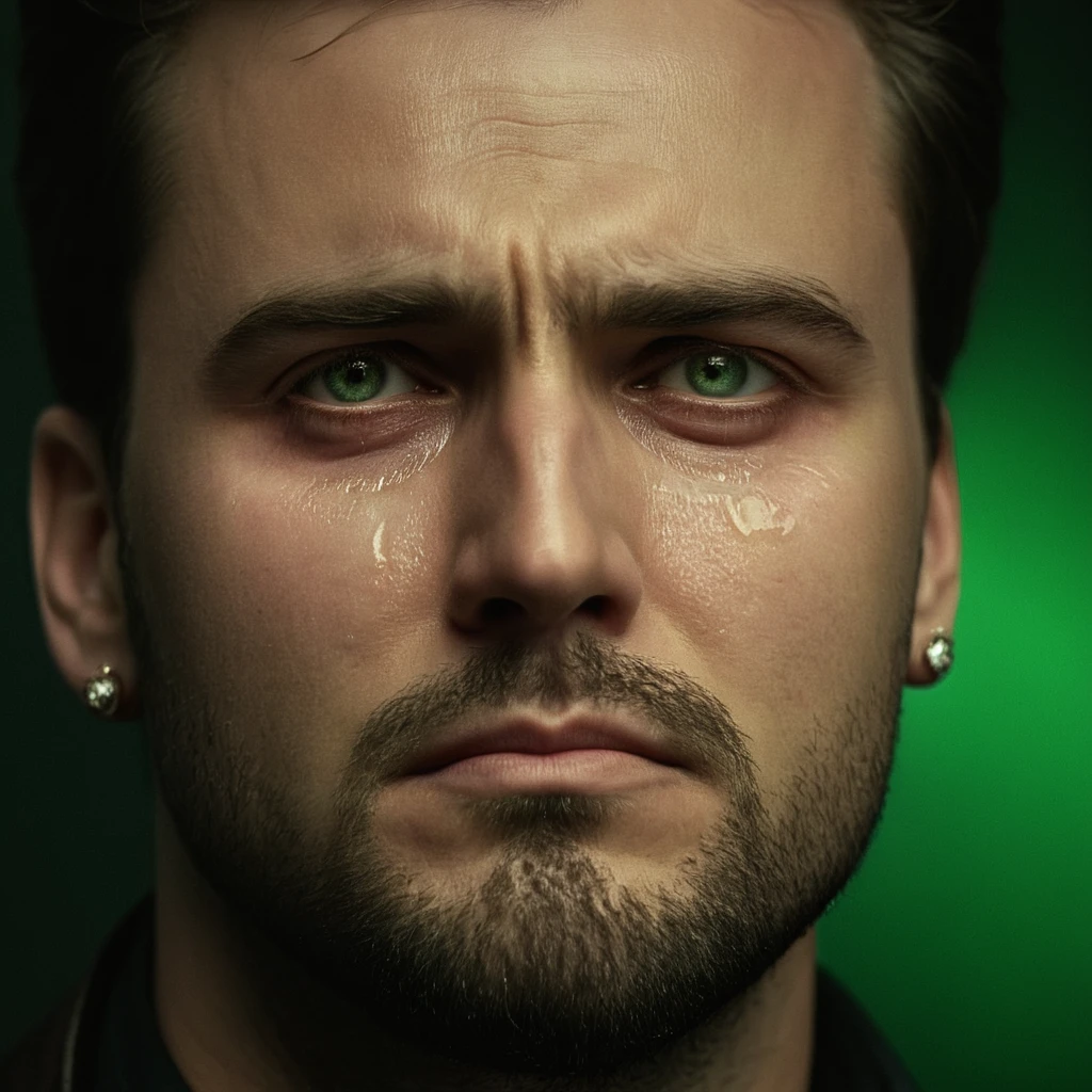 cinematic film still of <lora:crying style:0.8>
<lora:detailed:0.5>
<lora:perfection style:0.5>
a man with tears on his face is crying.,solo,looking at viewer,simple background,1boy,jewelry,green eyes,male focus,earrings,teeth,facial hair,black background,portrait,beard,realistic , crying, sad, teary face, tears, crying style, shallow depth of field, vignette, highly detailed, high budget, bokeh, cinemascope, moody, epic, gorgeous, film grain, grainy