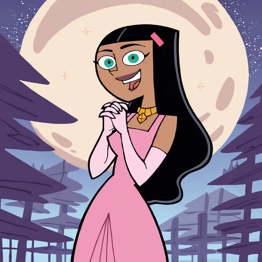 score_9, score_8_up, score_7_up, score_6_up, score_5_up, score_4_up, <lora:PaulinaDPXL:1>, paulina, 1girl, solo, long hair, smile, open mouth, hair ornament, gloves, dress, black hair, hairclip, elbow gloves, dark skin, necklace, dark-skinned female, own hands together, pink dress, own hands clasped, outside, nighttime, stars, detailed background, trees, moon,