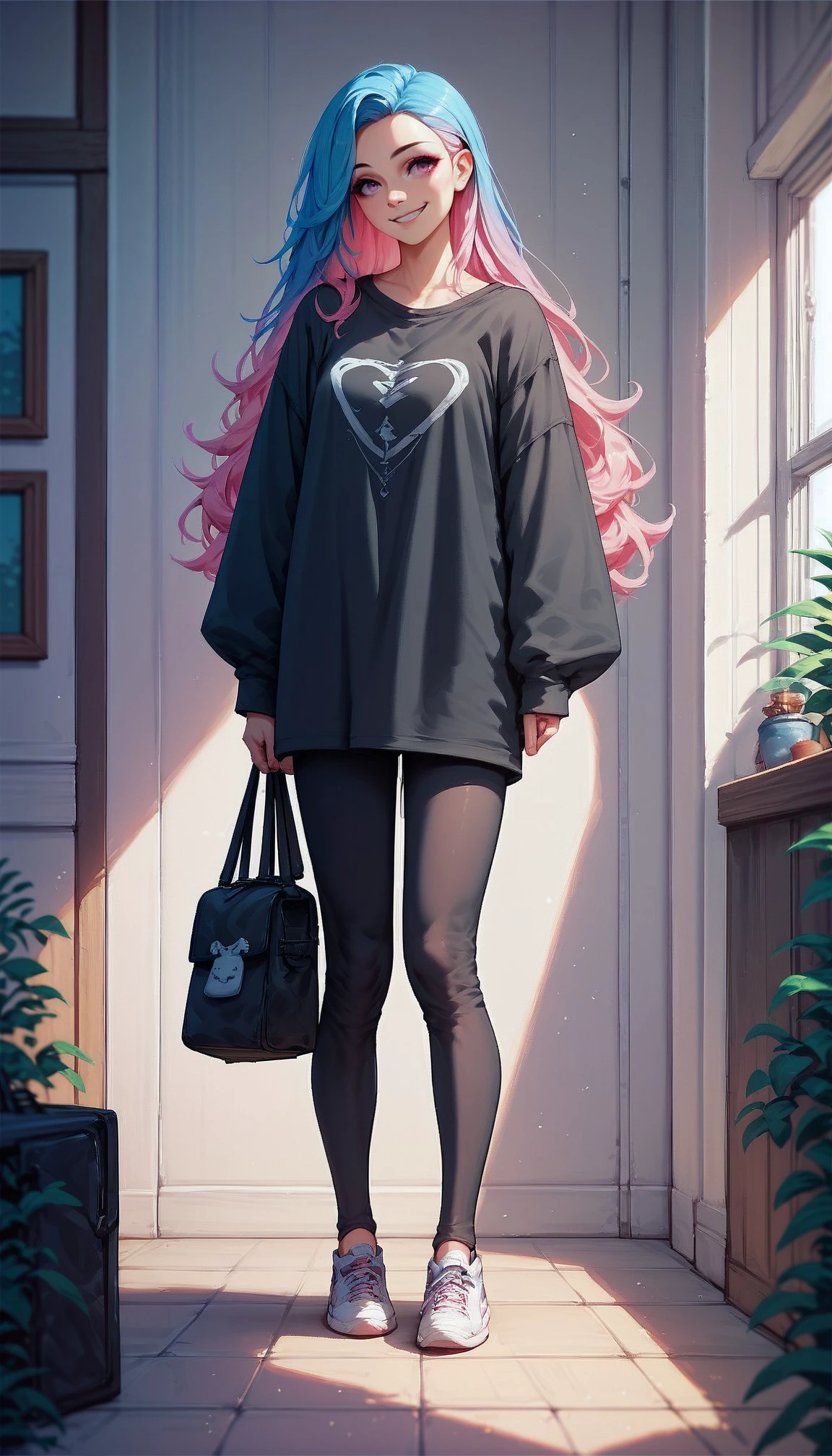 score_9, score_8_up, score_7_up, 1girl, Sofiaa, 1girl, multicolored hair, long hair, black oversized shirt, leggings, shoes, standing, Bag, smile, indoors, background, <lora:Sofiaa (1):0.8>