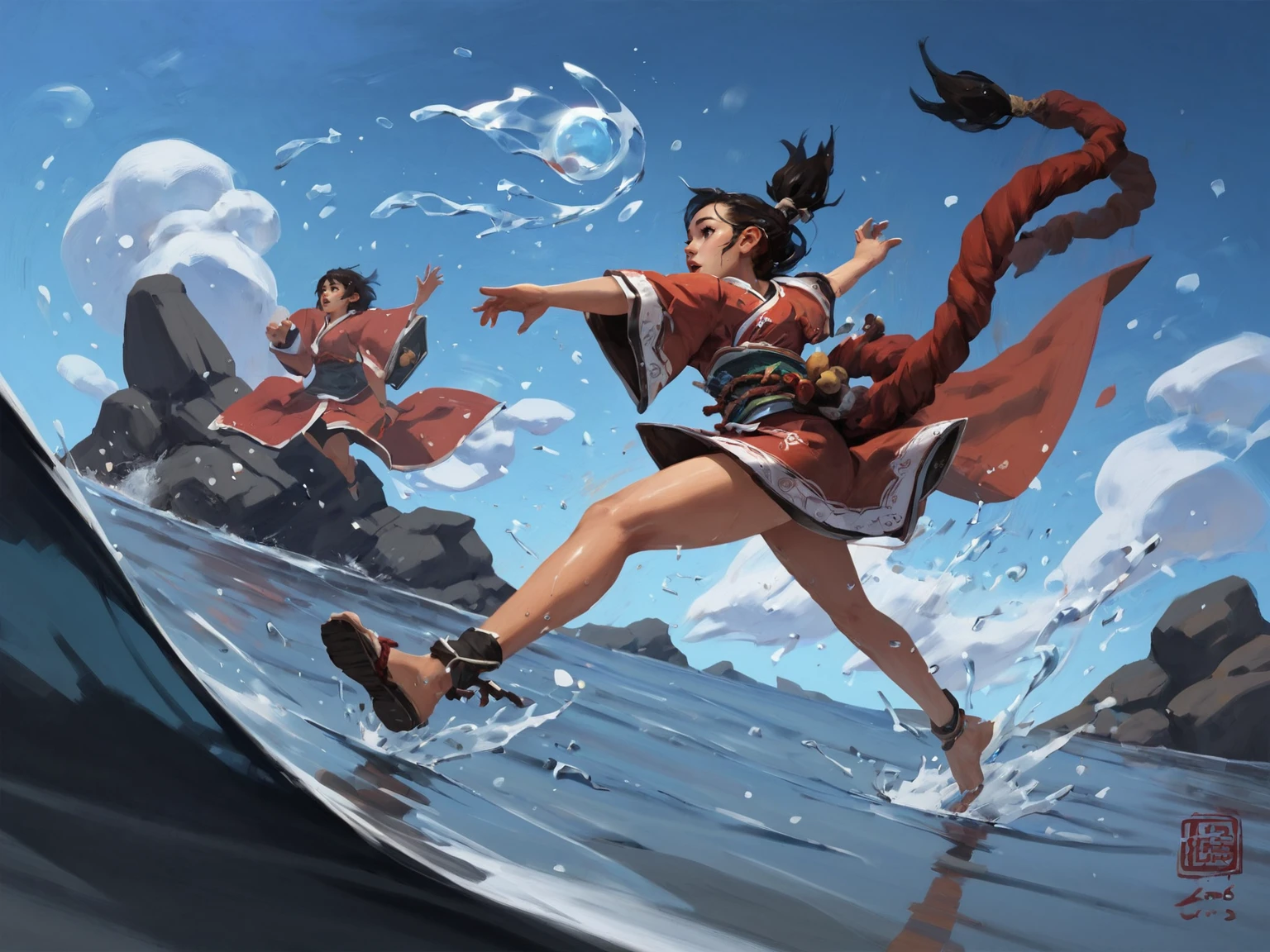 young girl, running, water magic, dynamic pose, japanese clothes, red kimono, water, sky, coulds, splashing, dynamic angle, <lora:Kan_Liu666KXL:0.8>, BREAK score_9, score_8_up, score_7_up, score_6_up, score_5_up, score_4_up