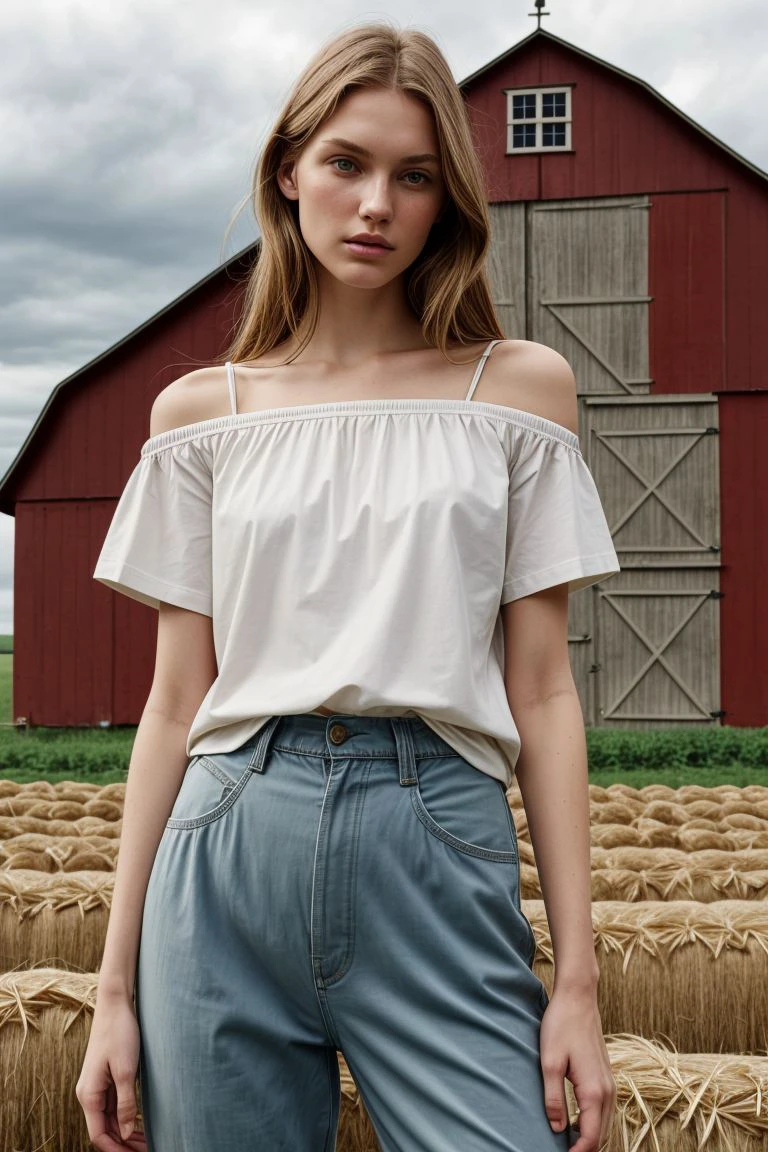 <lora:kawaii7.1.3_obj20:0.75:0.25>, European woman, closeup, (shirt), pants, (farm with barn), (), ZM_lavra, wide shoulders, perfect face, (contact iris: 1.1), pale skin, skin pores , depth of field