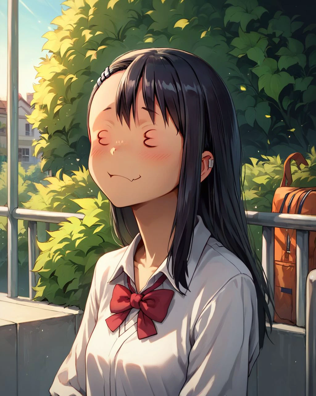 <lora:3_3:0.8> 3_3, closed eyes, 1girl, black hair, outdoors, school uniform, nagatoro hayase,, score_9, score_8_up, score_7_up, score_6_up, score_5_up, score_4_up, ponypositive,