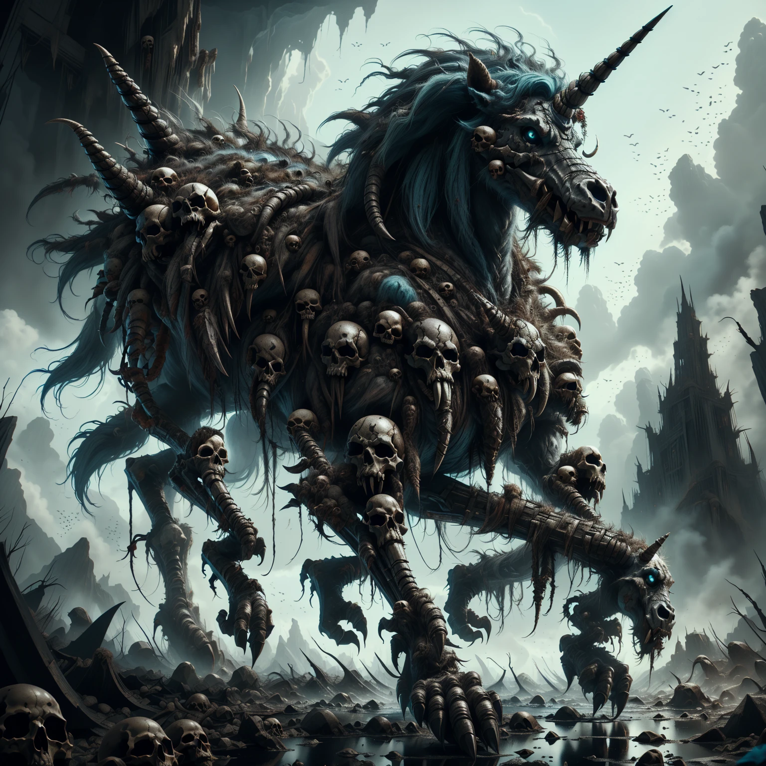 <lora:EPSavageVerse-30:1.0>, EPSavageVerse, grimdark, post-apocalypse, primal, Feral Motifs, Tribal Symbols, Beastly Features, magical unicorn