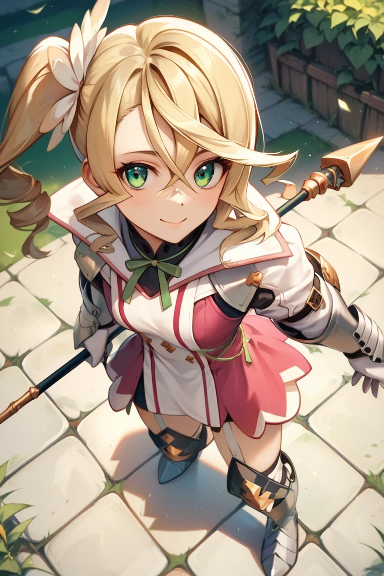 score_9, score_8_up, score_7_up, very aesthetic, source_anime, detailed, high quality, beautiful, masterpiece, detailed eyes,
outdoor, village,
<lora:lightXL:0.8>
from above, looking at viewer,
light smile,
<lora:alisha_autismConfetti_v01:0.95> small breasts,
alisha diphda, blonde hair, dress, green eyes, side ponytail, hair between eyes, hair ornament, knee boots, greaves, thigh strap, white gloves, gauntlets, long sleeves,
holding weapon, holding spear,, zPDXL