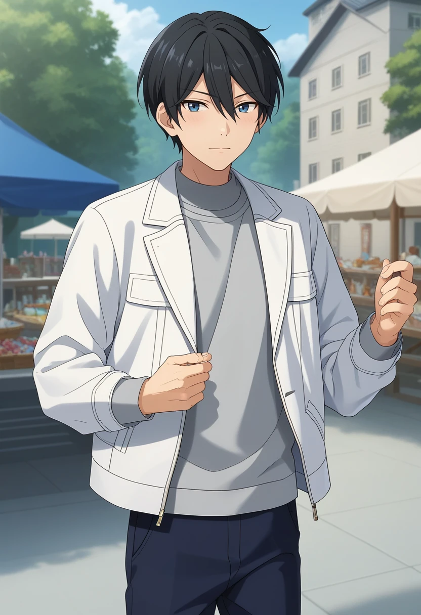 score_9, score_8_up, score_7_up, masterpiece, best quality, cute,Hokuto Hidaka, black hair, blue eyes, solo focus, male focus, white jacket, blue, grey shirt<lora:EMS-364669-EMS:1.000000>