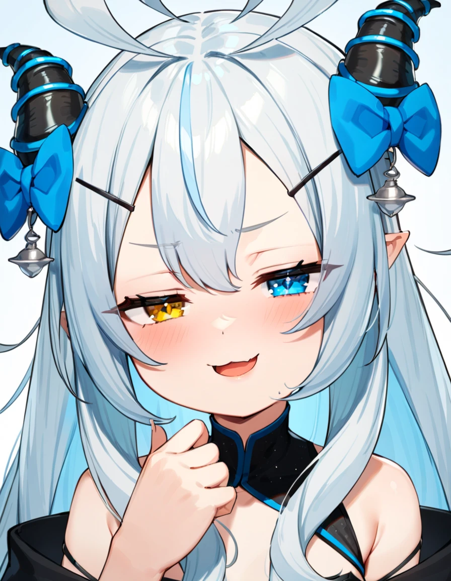1girl, akugaki koa, idol es, heart ahoge, blue bow, blue eyes, yellow eyes,heterochromia, open mouth, pointy ears, portrait, horns, looking at viewer, smug, hairclip, heart ahoge, hair bow,<lora:AkugakiKoa:1>, masterpiece, best quality, very aesthetic, absurdres
