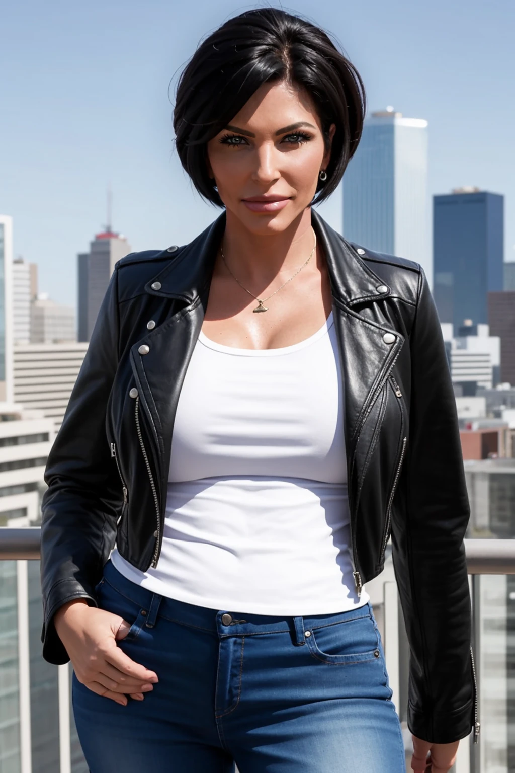 <lora:mondongo_LoRA_ShayFox:0.9> mndngwmn, (ultra realistic, 8k,high quality), above the waist photo, wearing a leather jacket, jeans, on a city downtown, daytime