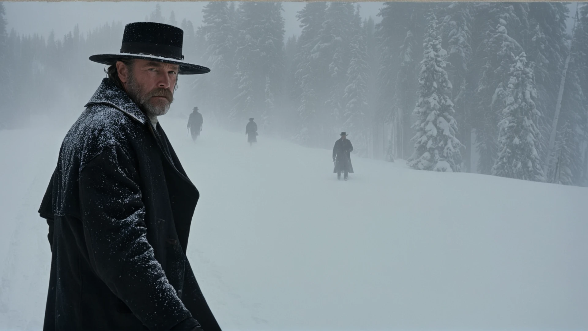 <lora:The Hateful Eight film style:0.9>
<lora:detailed:0.5>
<lora:perfection style:0.5>
<lora:Chiaroscuro Lighting Style:0.3>
In 1870,A Western film,Cinematic Kodak picture of a man in a black coat and hat walking through the snow,The Hateful Eight film style