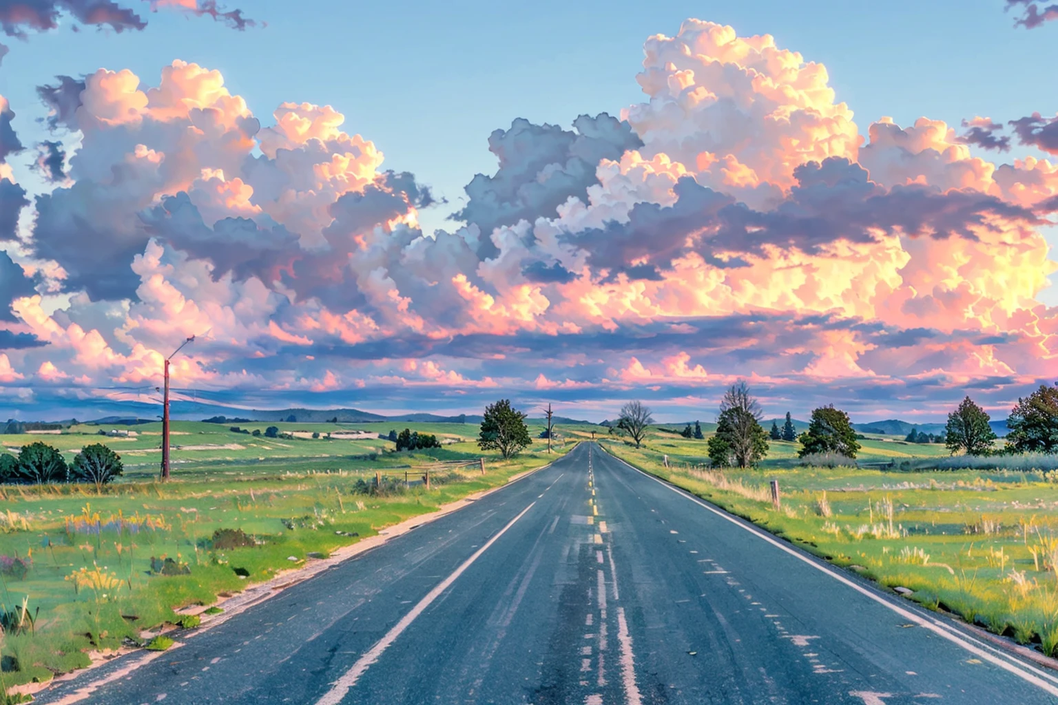 outdoors, no humans, scenery, cloud, sky, day, grass, blue sky, road, power lines, mountain, fence, utility pole, cloudy sky, hill, traditional media, field <lora:cloudyday:0.87>, (illustration:1.0), masterpiece, best quality,